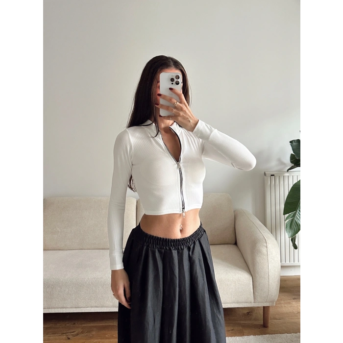 Fermuar Detay Crop - BEYAZ