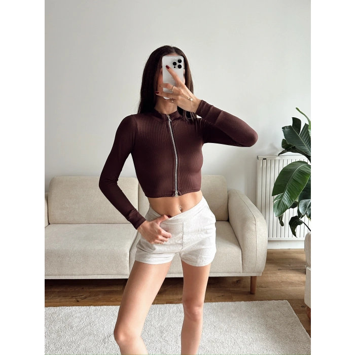 Fermuar Detay Crop - KAHVE