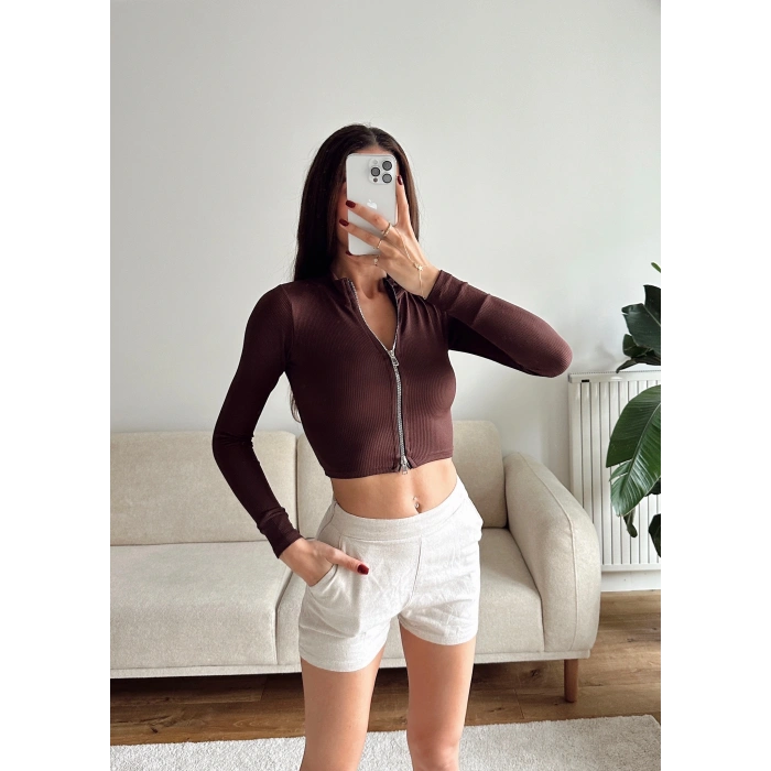 Fermuar Detay Crop - KAHVE