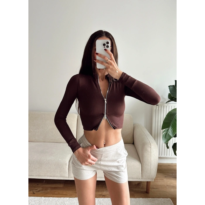 Fermuar Detay Crop - KAHVE