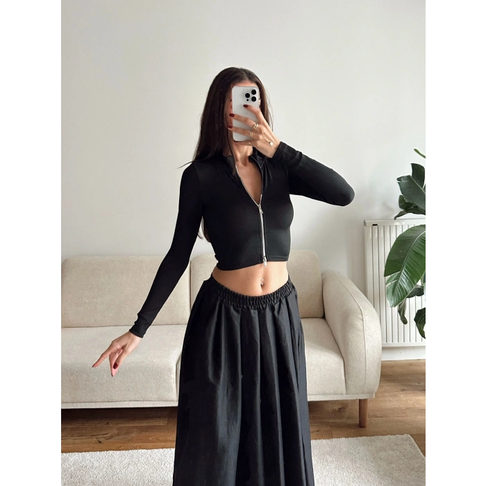 Fermuar Detay Crop - SİYAH