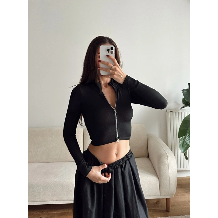 Fermuar Detay Crop - SİYAH