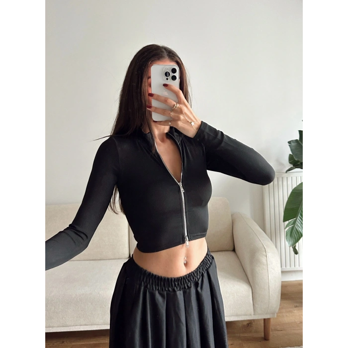 Fermuar Detay Crop - SİYAH
