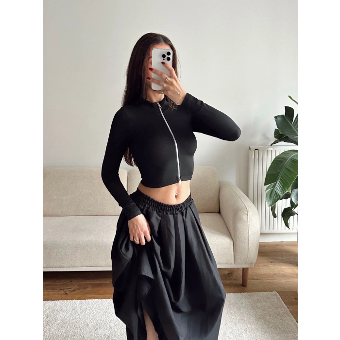 Fermuar Detay Crop - SİYAH
