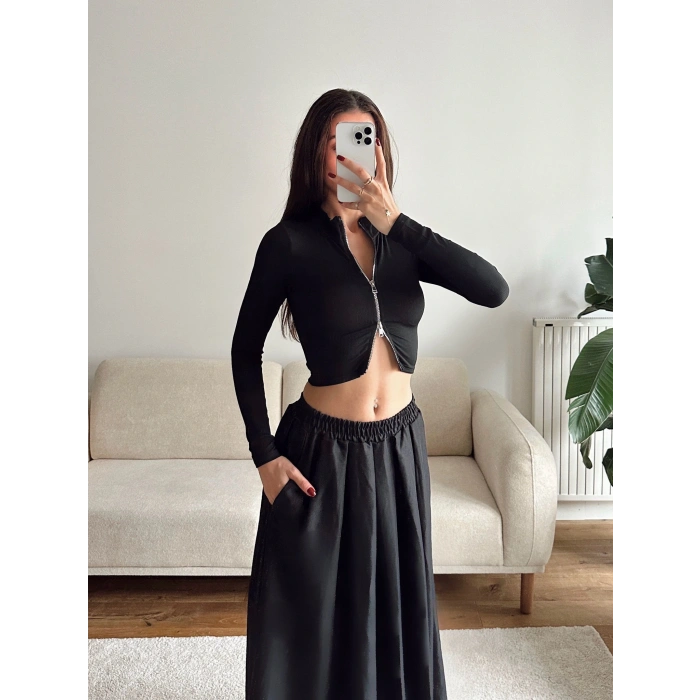 Fermuar Detay Crop - SİYAH