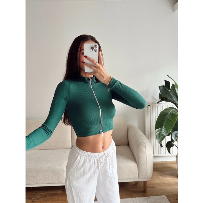 Fermuar Detay Crop - YEŞİL