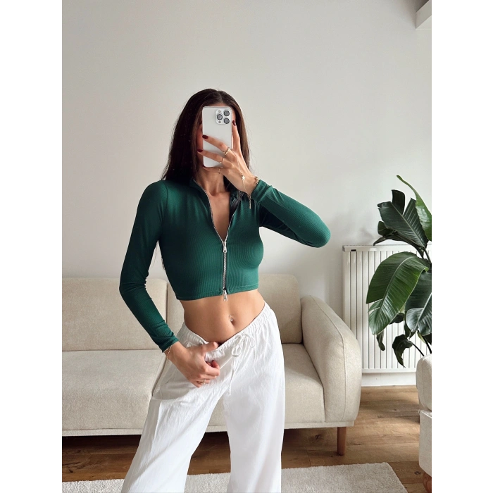 Fermuar Detay Crop - YEŞİL
