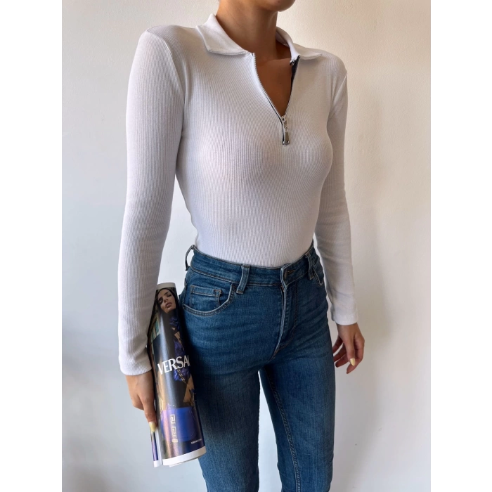 Fermuar Detay Polo Yaka Crop Bluz-BEYAZ