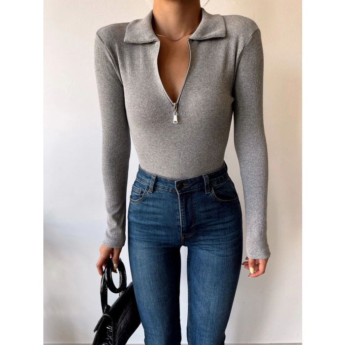 Fermuar Detay Polo Yaka Crop Bluz-GRİ