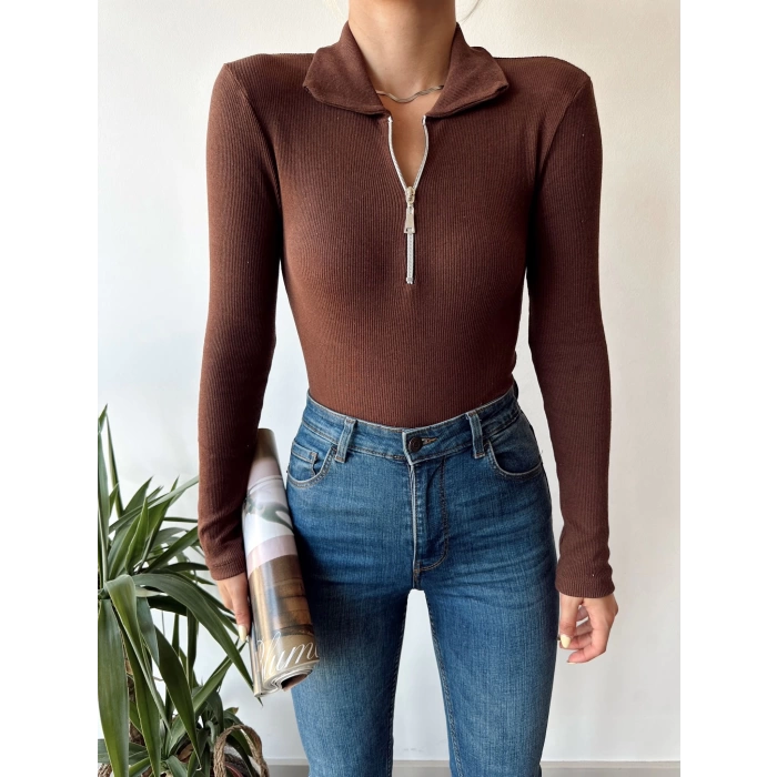 Fermuar Detay Polo Yaka Crop Bluz-KAHVE