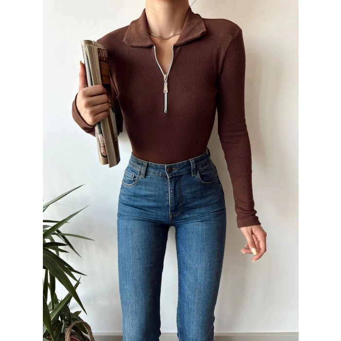 Fermuar Detay Polo Yaka Crop Bluz-KAHVE