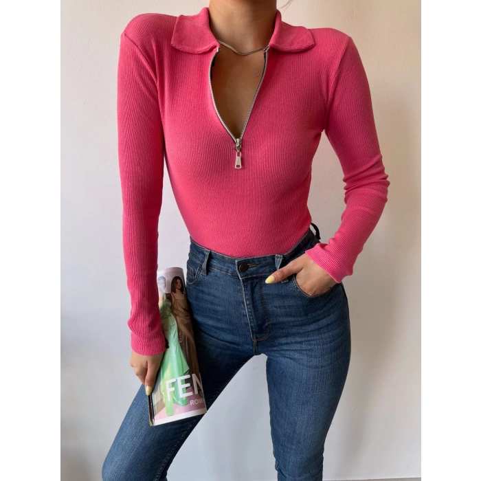 Fermuar Detay Polo Yaka Crop Bluz-FUŞYA