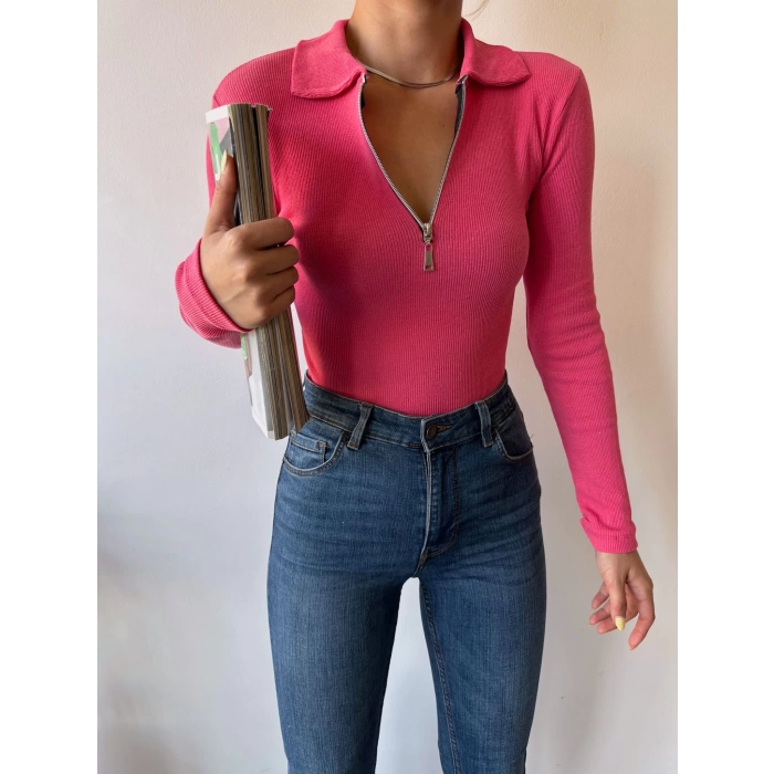 Fermuar Detay Polo Yaka Crop Bluz-FUŞYA
