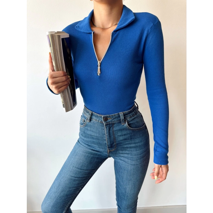 Fermuar Detay Polo Yaka Crop Bluz-MAVİ