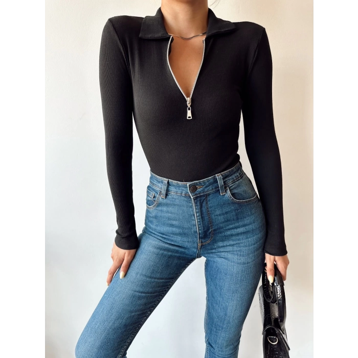 Fermuar Detay Polo Yaka Crop Bluz-SİYAH