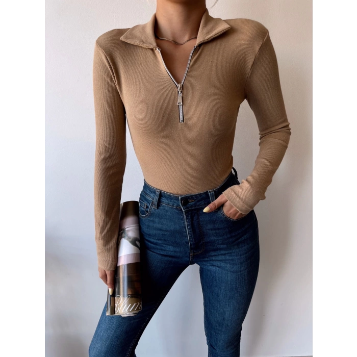 Fermuar Detay Polo Yaka Crop Bluz-VİZON