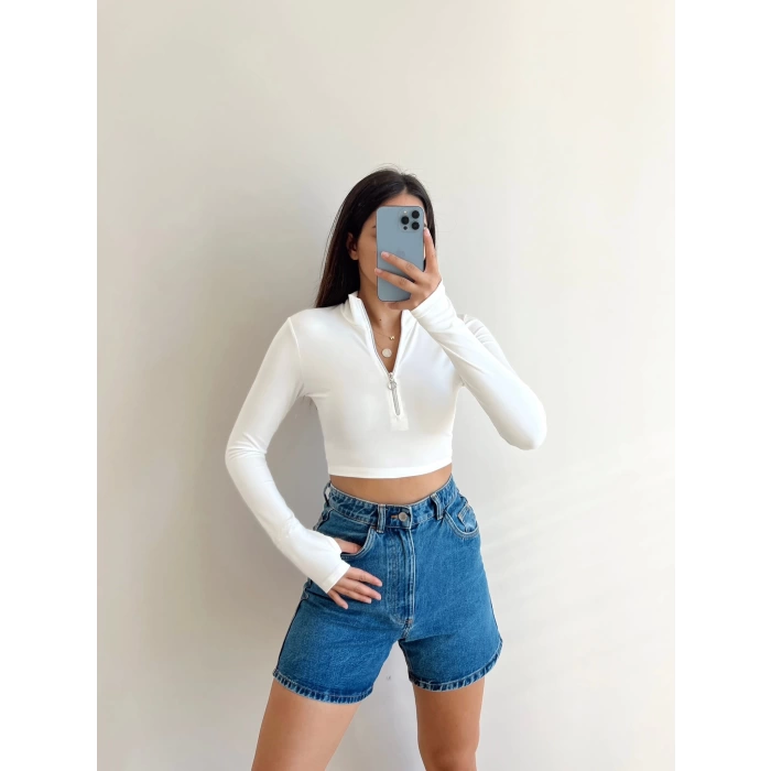 Parmak Geçmeli Fermuar Sandy Crop -BEYAZ