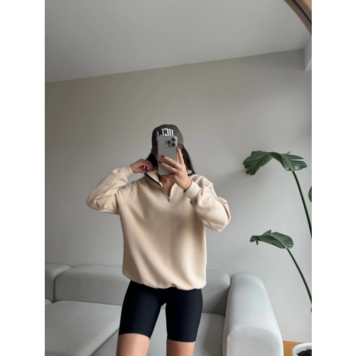 Fermuar Yaka Basic Sweatshirt-BEJ