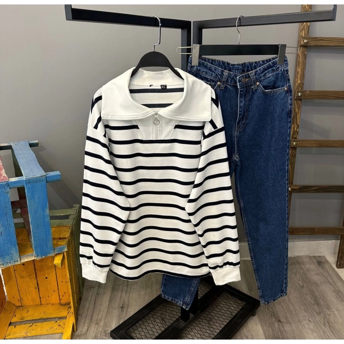 Fermuar Yaka Çizgili Oversize Sweat
