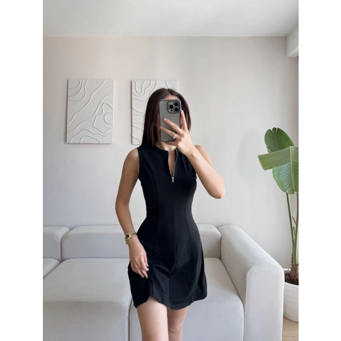 Fermuar Yaka Fit Elbise - SİYAH