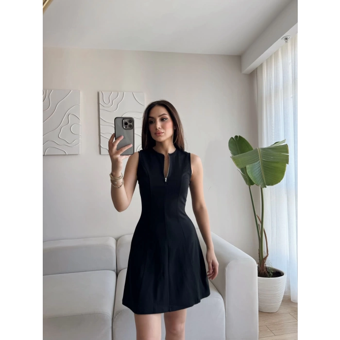 Fermuar Yaka Fit Elbise - SİYAH