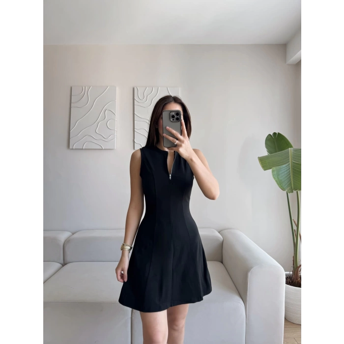 Fermuar Yaka Fit Elbise - SİYAH
