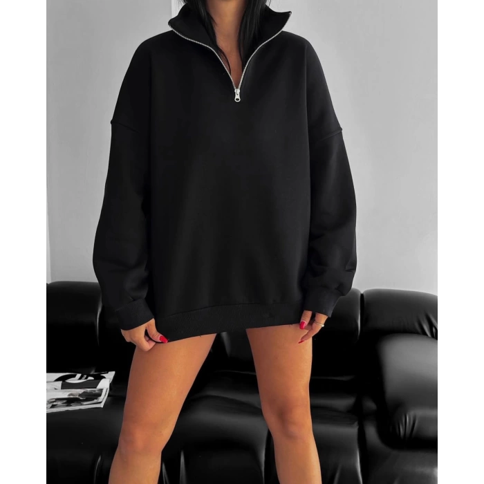 Fermuar Yaka Unisex Basic Sweat-SİYAH