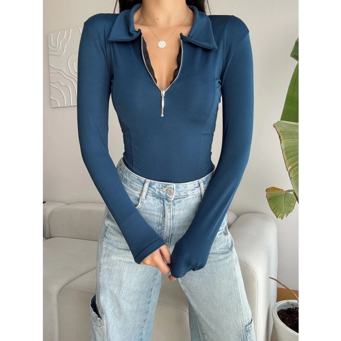 Fermuarlı Polo Yaka Bodysuit - İNDİGO