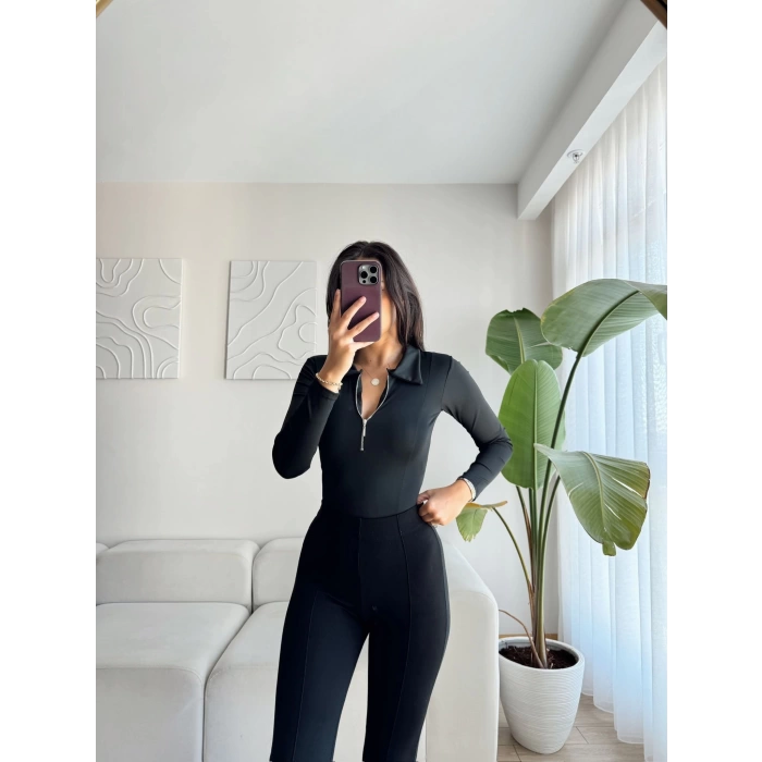 Fermuarlı Polo Yaka Bodysuit - SİYAH