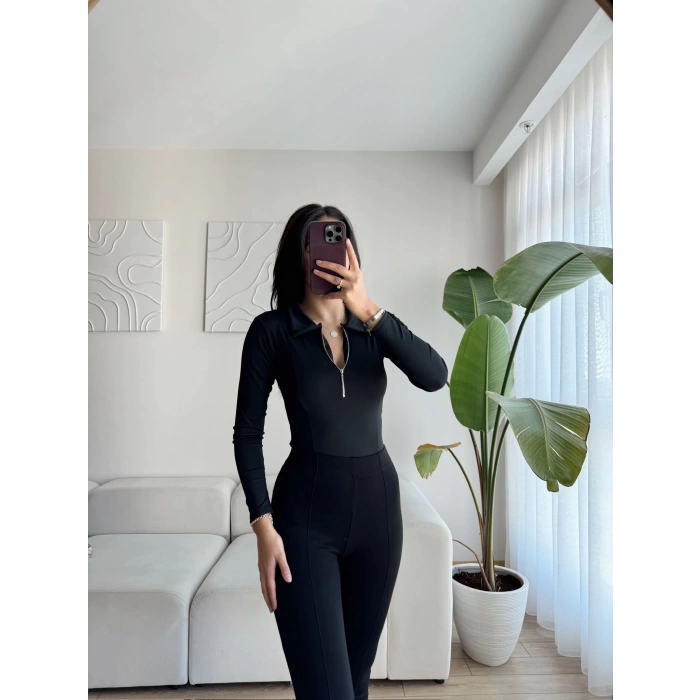 Fermuarlı Polo Yaka Bodysuit - SİYAH