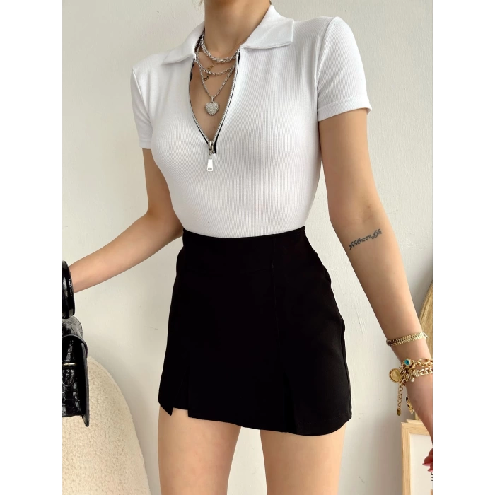 Fermuarlı Polo Yaka Kaşkorse -BEYAZ