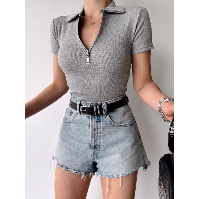 Fermuarlı Polo Yaka Kaşkorse -GRİ