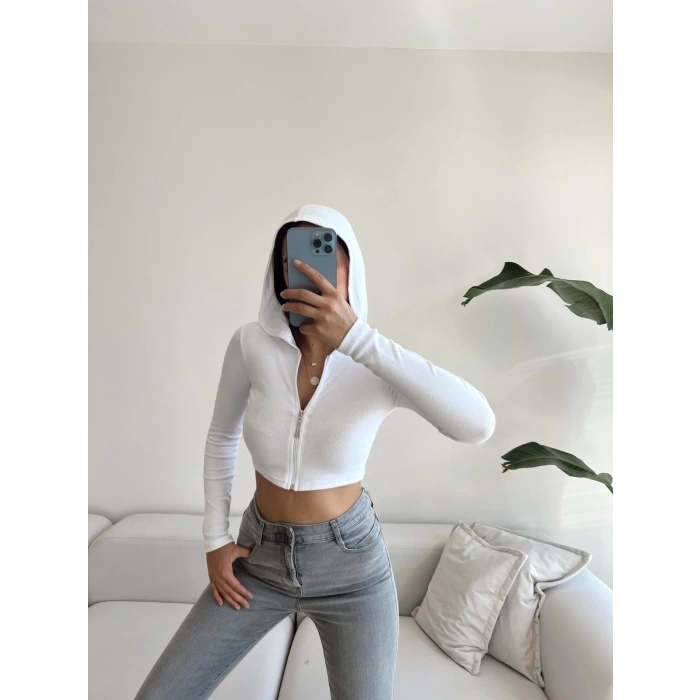 Fermuarlı Sandy Crop Bluz-BEYAZ