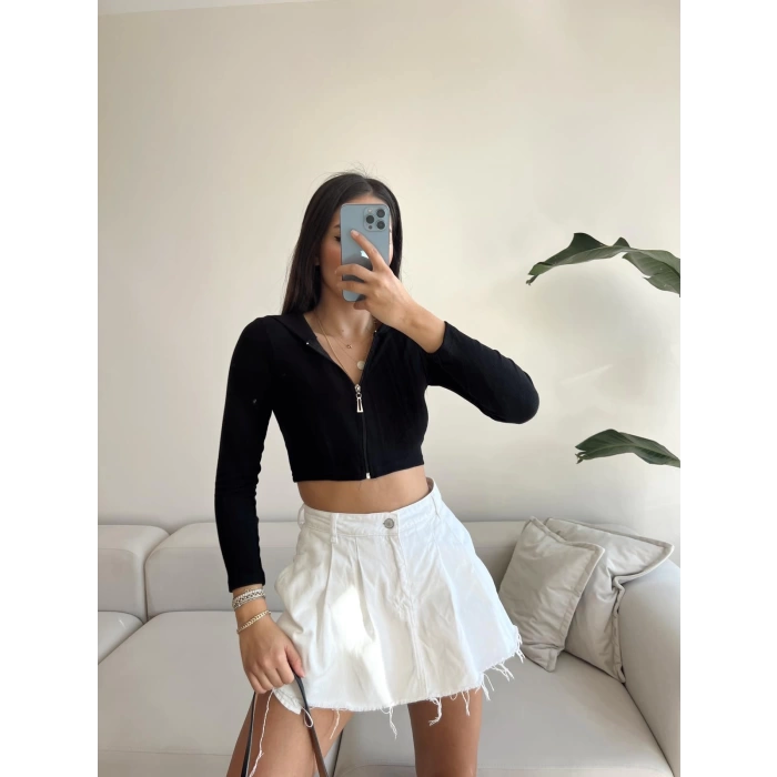 Fermuarlı Sandy Crop Bluz-SİYAH