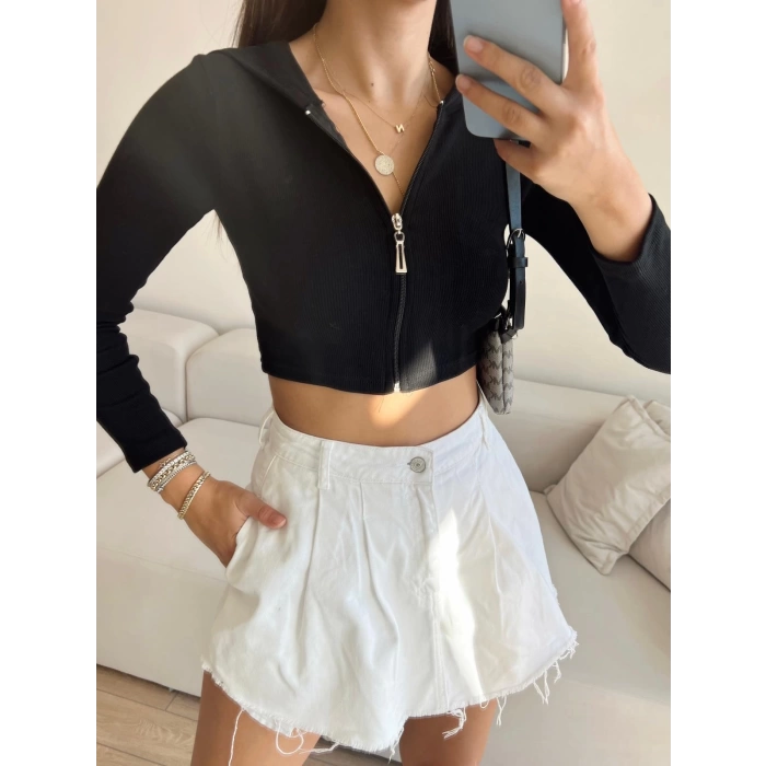 Fermuarlı Sandy Crop Bluz-SİYAH