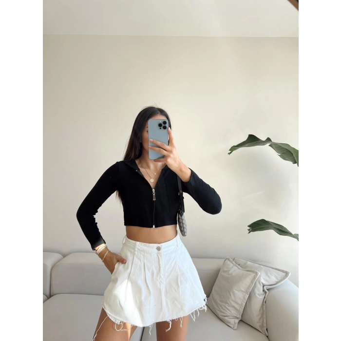 Fermuarlı Sandy Crop Bluz-SİYAH