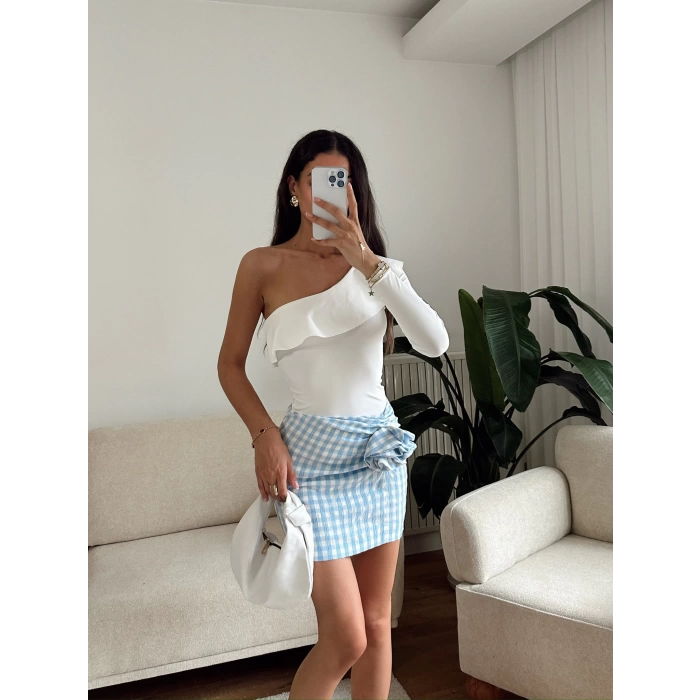 Fırfırlı Tek Omuz Bodysuit - BEYAZ