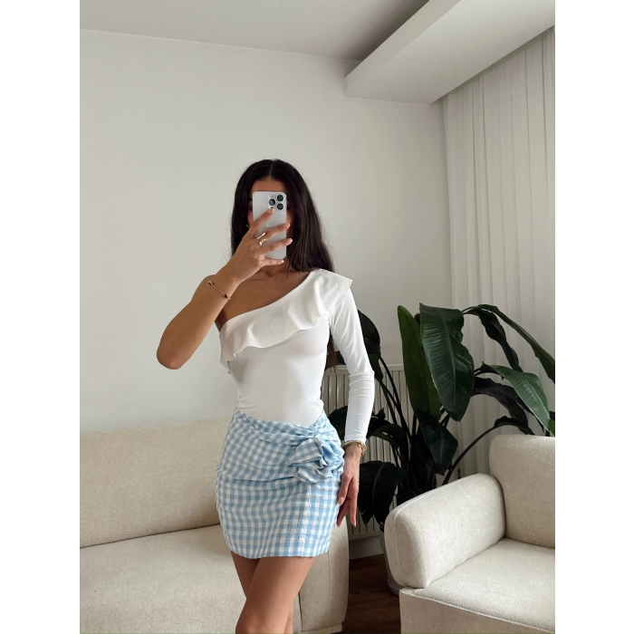 Fırfırlı Tek Omuz Bodysuit - BEYAZ