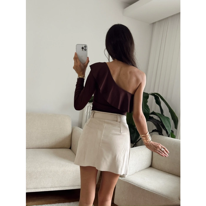 Fırfırlı Tek Omuz Bodysuit - KAHVE