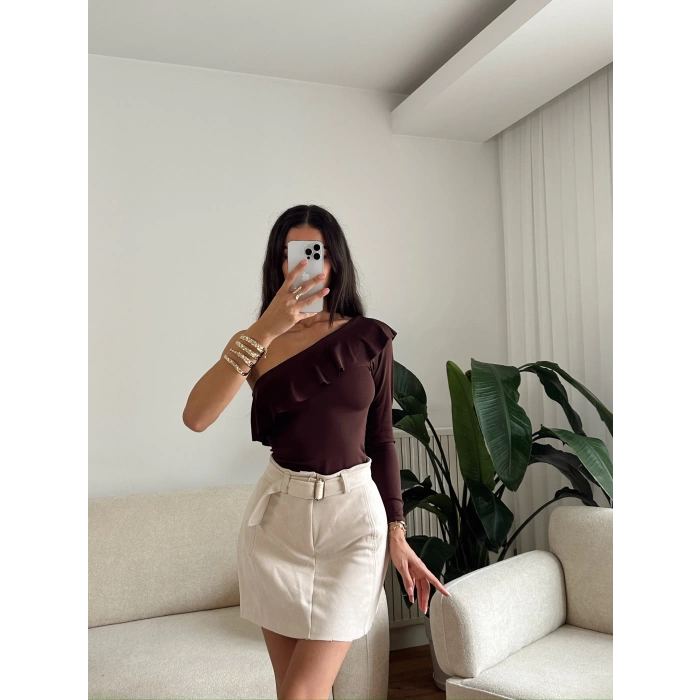 Fırfırlı Tek Omuz Bodysuit - KAHVE