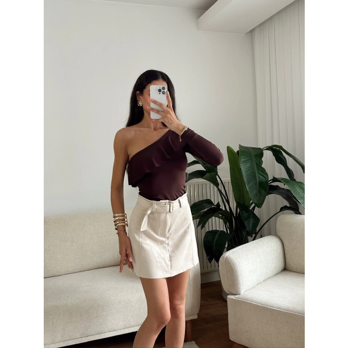 Fırfırlı Tek Omuz Bodysuit - KAHVE