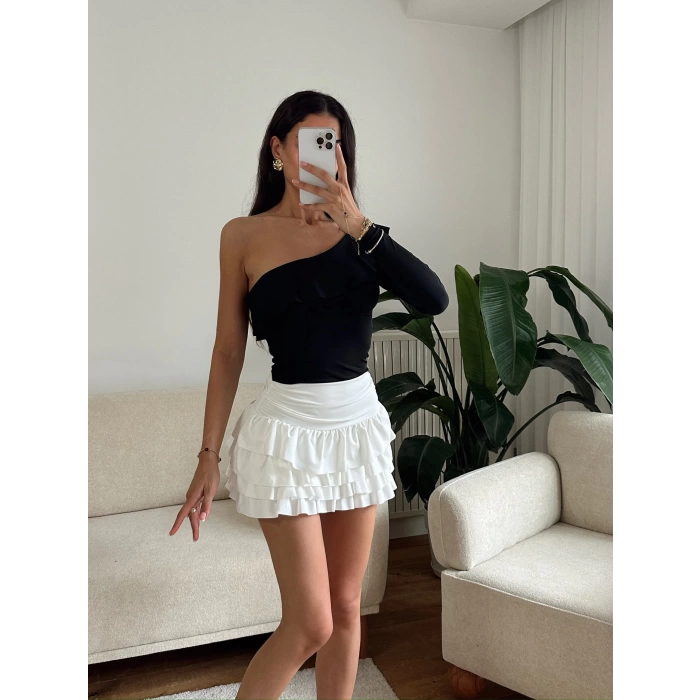Fırfırlı Tek Omuz Bodysuit - SİYAH