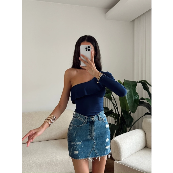 Fırfırlı Tek Omuz Bodysuit - LACİVERT