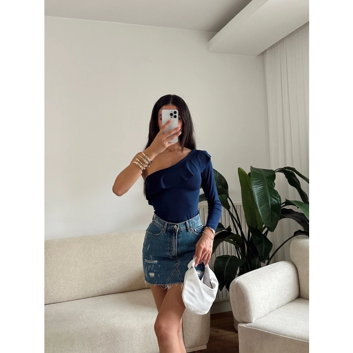 Fırfırlı Tek Omuz Bodysuit - LACİVERT