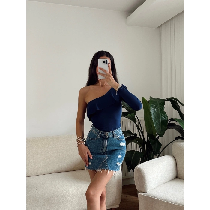 Fırfırlı Tek Omuz Bodysuit - LACİVERT