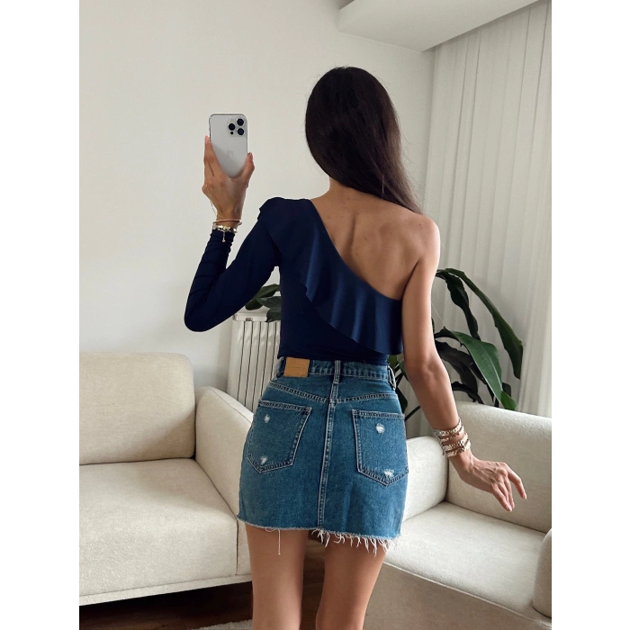 Fırfırlı Tek Omuz Bodysuit - LACİVERT