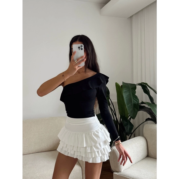 Fırfırlı Tek Omuz Bodysuit - SİYAH