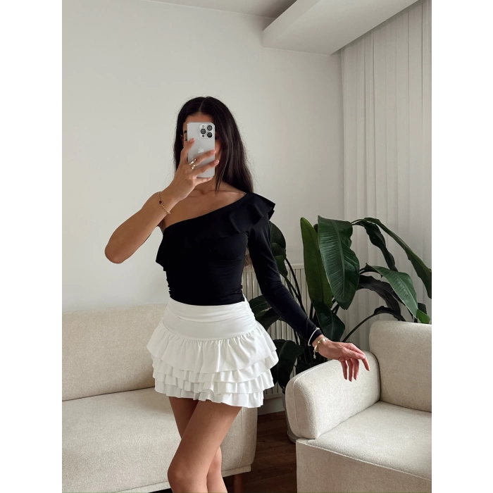 Fırfırlı Tek Omuz Bodysuit - SİYAH