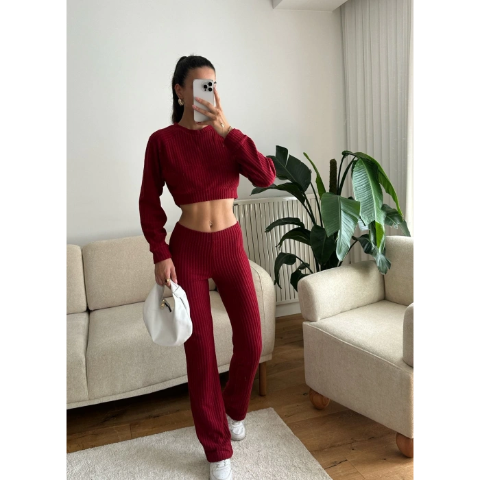 Fitilli Crop & Pantolon Takım - BORDO