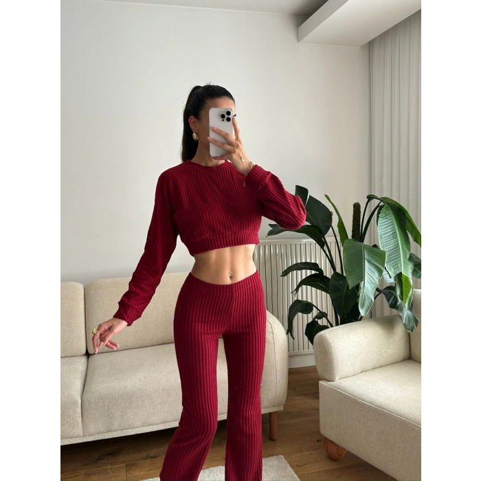 Fitilli Crop & Pantolon Takım - BORDO